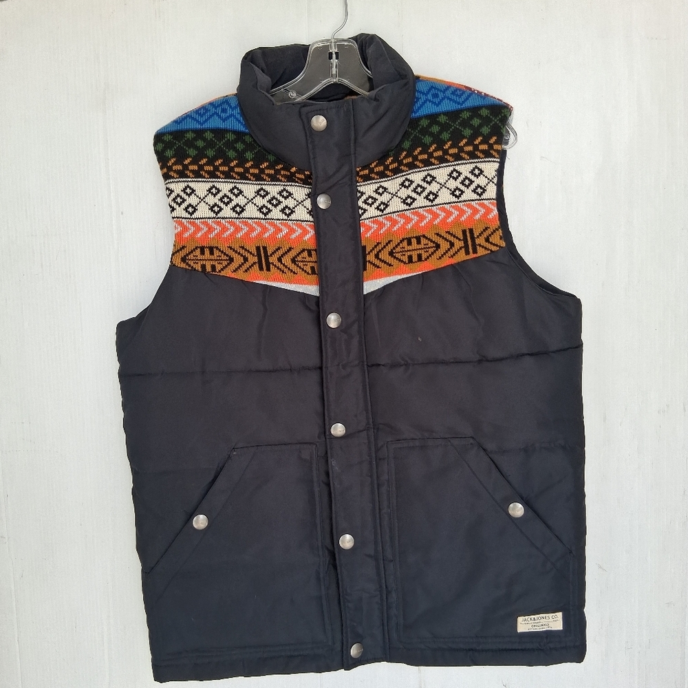 Jack & Jones Callis Bodywarmer Aztec Print Puffer Vest Mens Size M Black